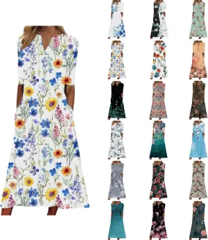 Beach Sundresses for Women 2025 Short Sleeve Summer Floral Dress Vneck Trendy Boho Maxi Dresses Flowy Beach Sundress
