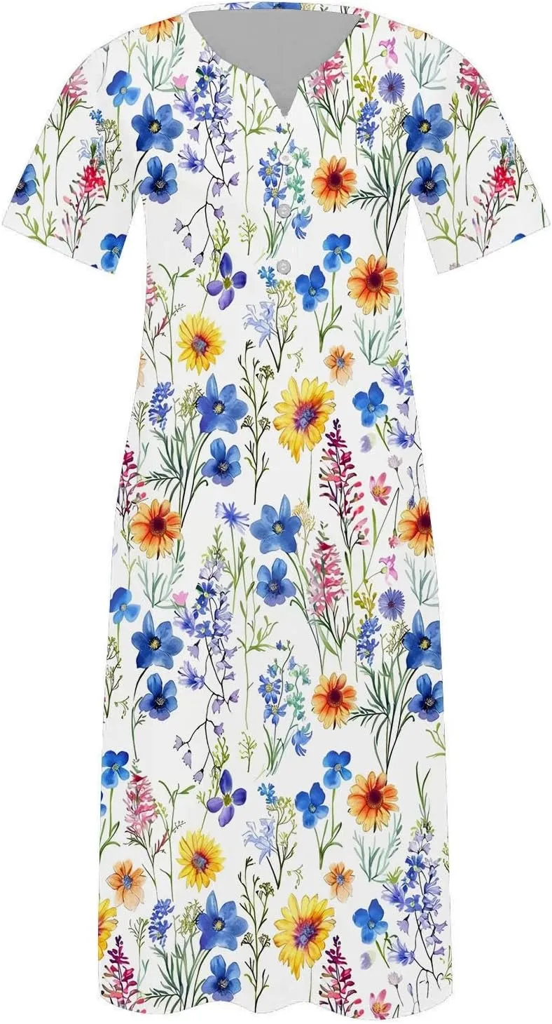 Beach Sundresses for Women 2025 Short Sleeve Summer Floral Dress Vneck Trendy Boho Maxi Dresses Flowy Beach Sundress