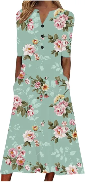 Beach Sundresses for Women 2025 Short Sleeve Summer Floral Dress Vneck Trendy Boho Maxi Dresses Flowy Beach Sundress