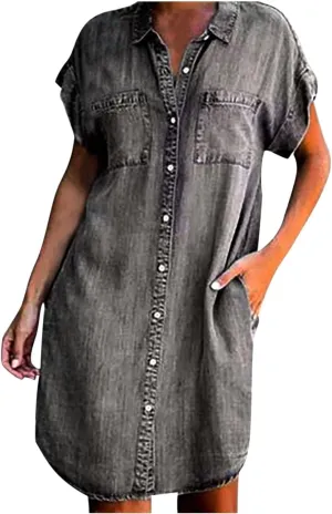 Bengbobar Women's Denim Shirt Dress Summer Casaul Loose Short Sleeve Button Down Jean Dress Plus Size Tunic Top with Pockets