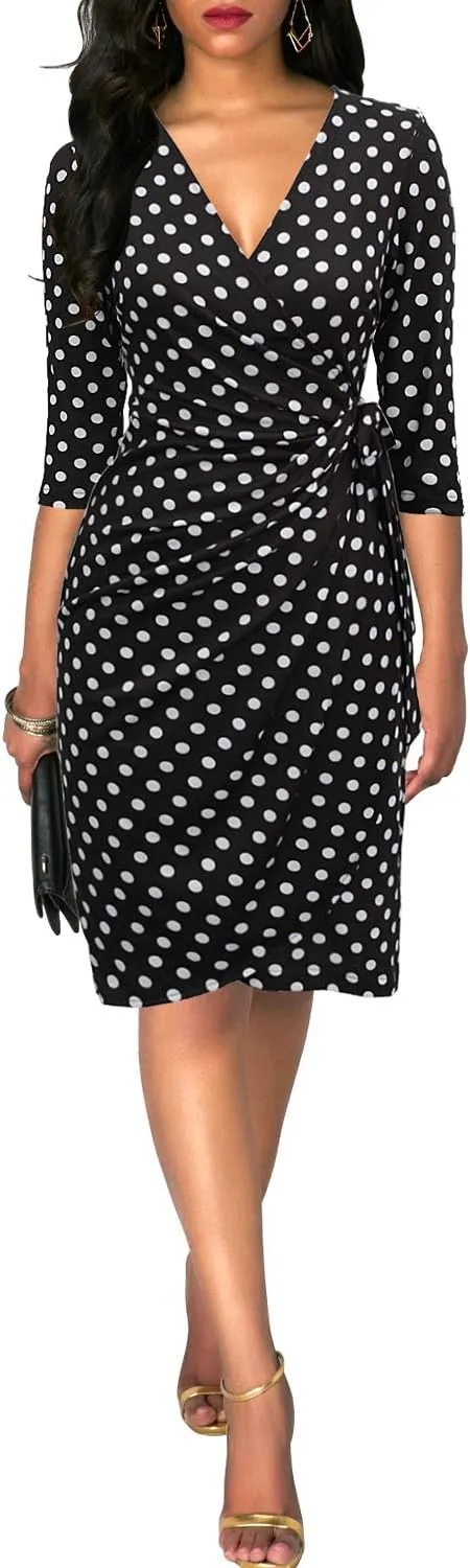 Berydress Women's Classic 3/4 Sleeve V Neck Sheath Casual Party Work Faux Black Wrap Dress