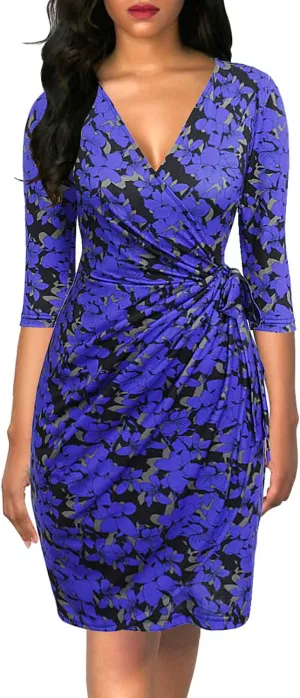 Berydress Women's Classic 3/4 Sleeve V Neck Sheath Casual Party Work Faux Black Wrap Dress