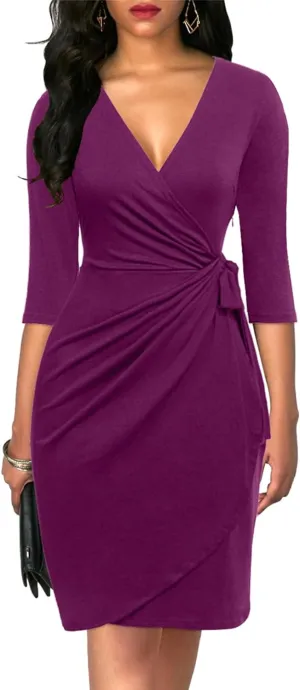 Berydress Women's Classic 3/4 Sleeve V Neck Sheath Casual Party Work Faux Black Wrap Dress