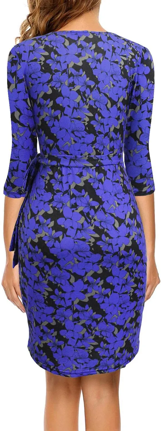 Berydress Women's Classic 3/4 Sleeve V Neck Sheath Casual Party Work Faux Black Wrap Dress
