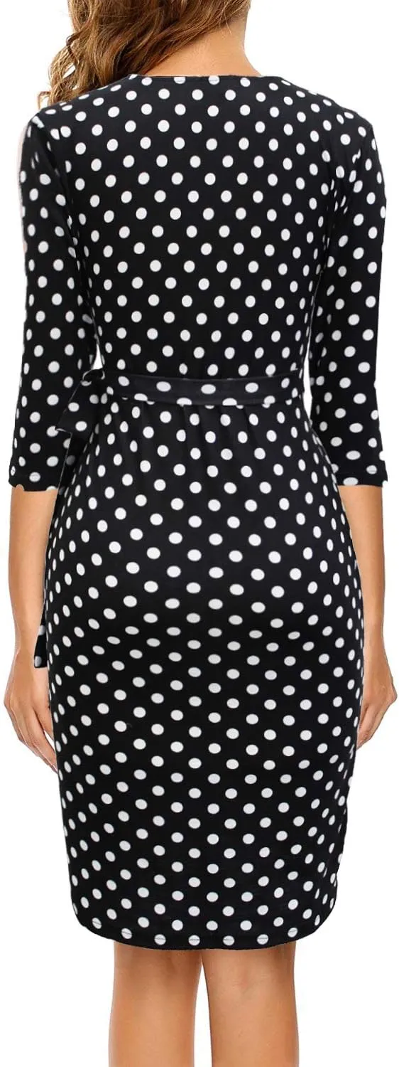 Berydress Women's Classic 3/4 Sleeve V Neck Sheath Casual Party Work Faux Black Wrap Dress