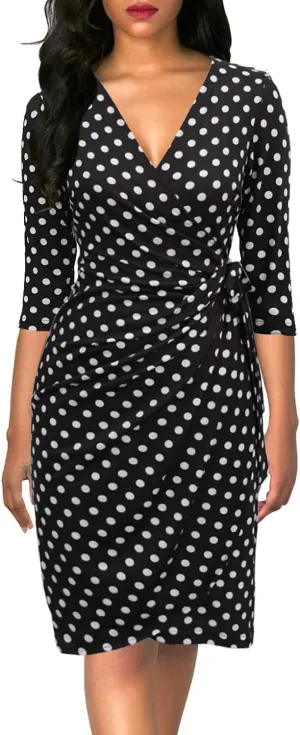 Berydress Women's Classic 3/4 Sleeve V Neck Sheath Casual Party Work Faux Black Wrap Dress