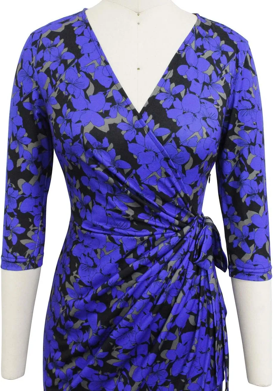 Berydress Women's Classic 3/4 Sleeve V Neck Sheath Casual Party Work Faux Black Wrap Dress