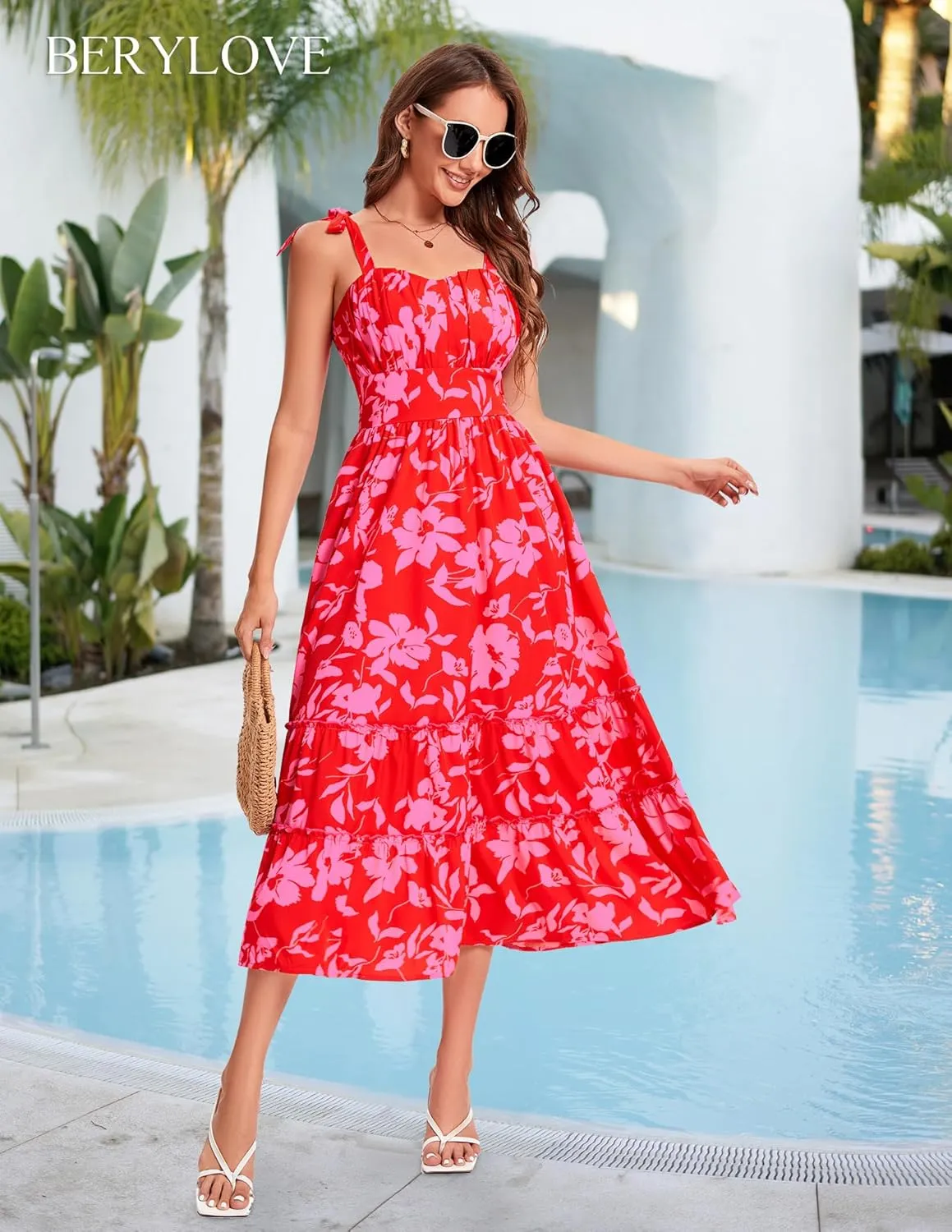 BeryLove Women's 2025 Summer Floral Boho Dress Casual Ruffle Tiered Beach Vacation Dress