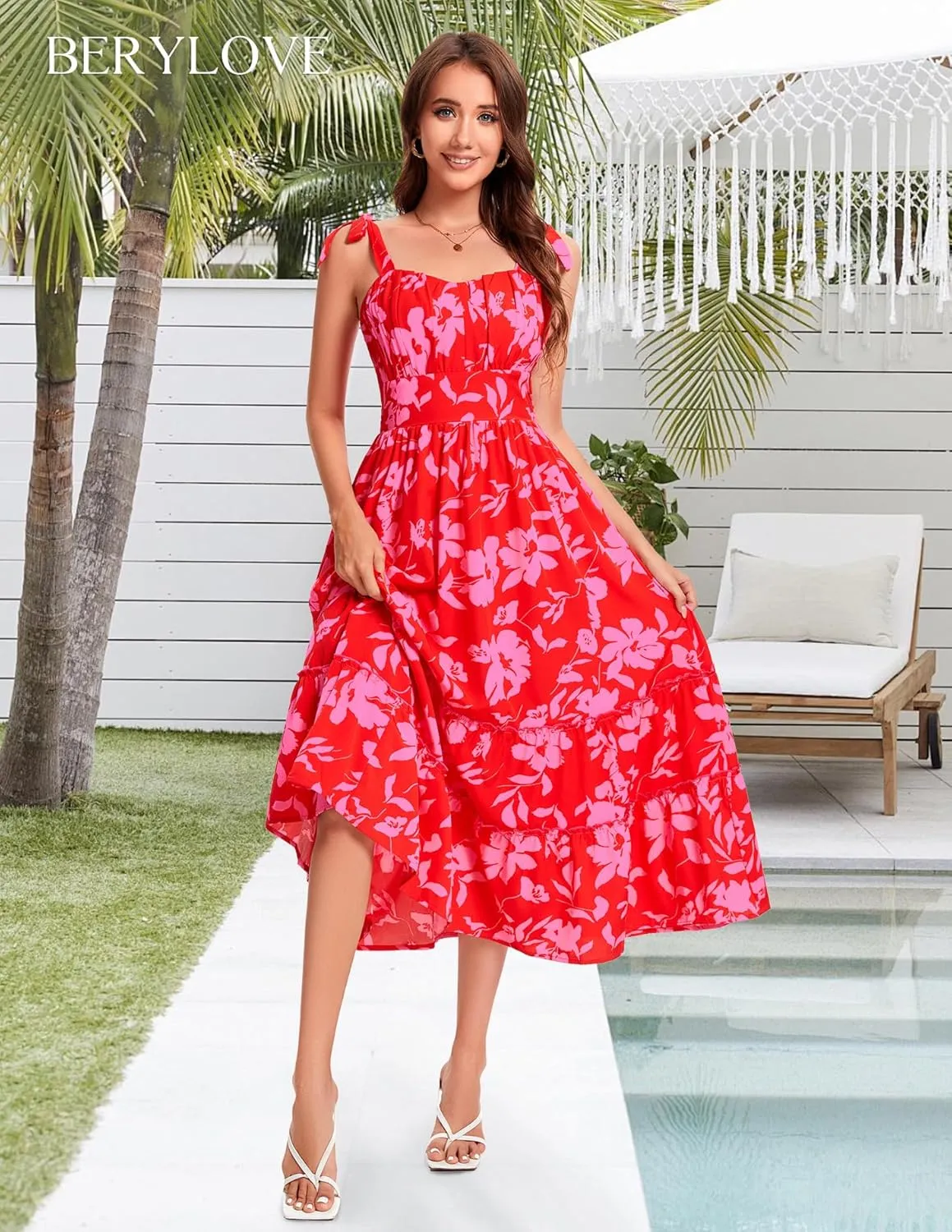 BeryLove Women's 2025 Summer Floral Boho Dress Casual Ruffle Tiered Beach Vacation Dress