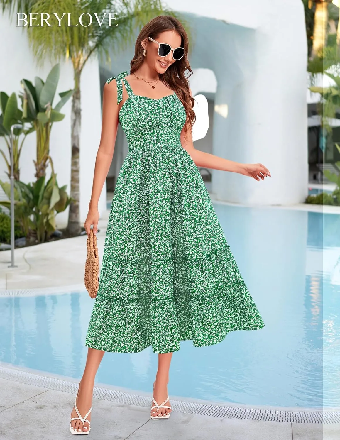 BeryLove Women's 2025 Summer Floral Boho Dress Casual Ruffle Tiered Beach Vacation Dress