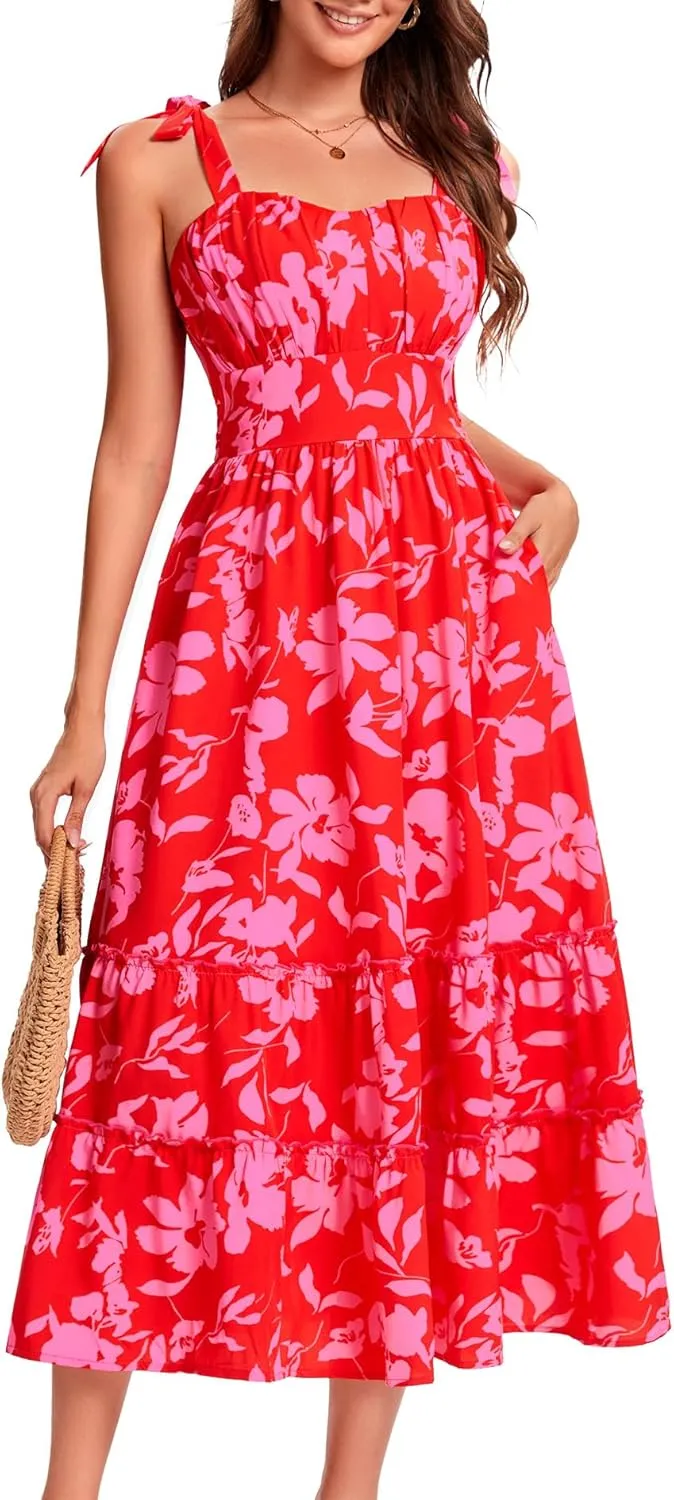 BeryLove Women's 2025 Summer Floral Boho Dress Casual Ruffle Tiered Beach Vacation Dress