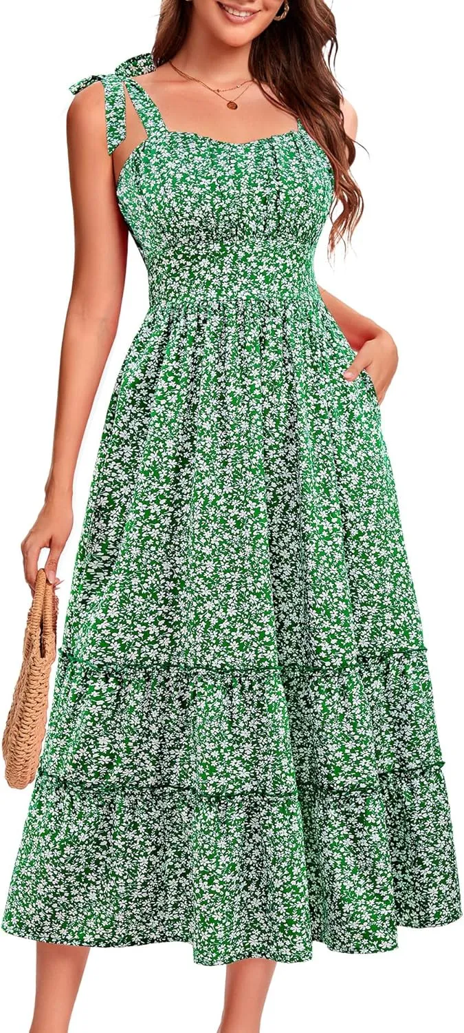BeryLove Women's 2025 Summer Floral Boho Dress Casual Ruffle Tiered Beach Vacation Dress