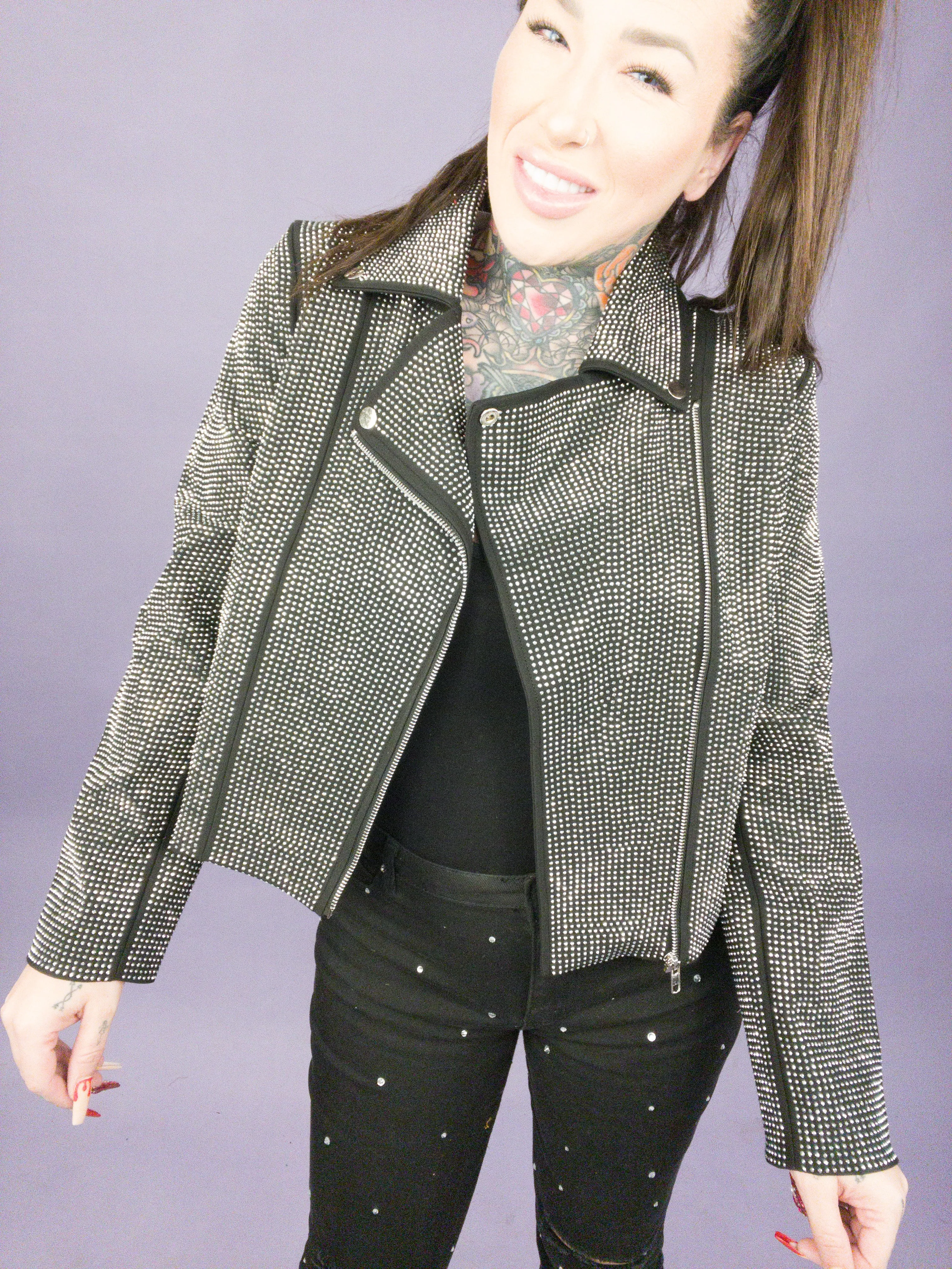 Blue B - Crystal Studded Stretch Zip Up Moto Jacket (Multiple Colors)