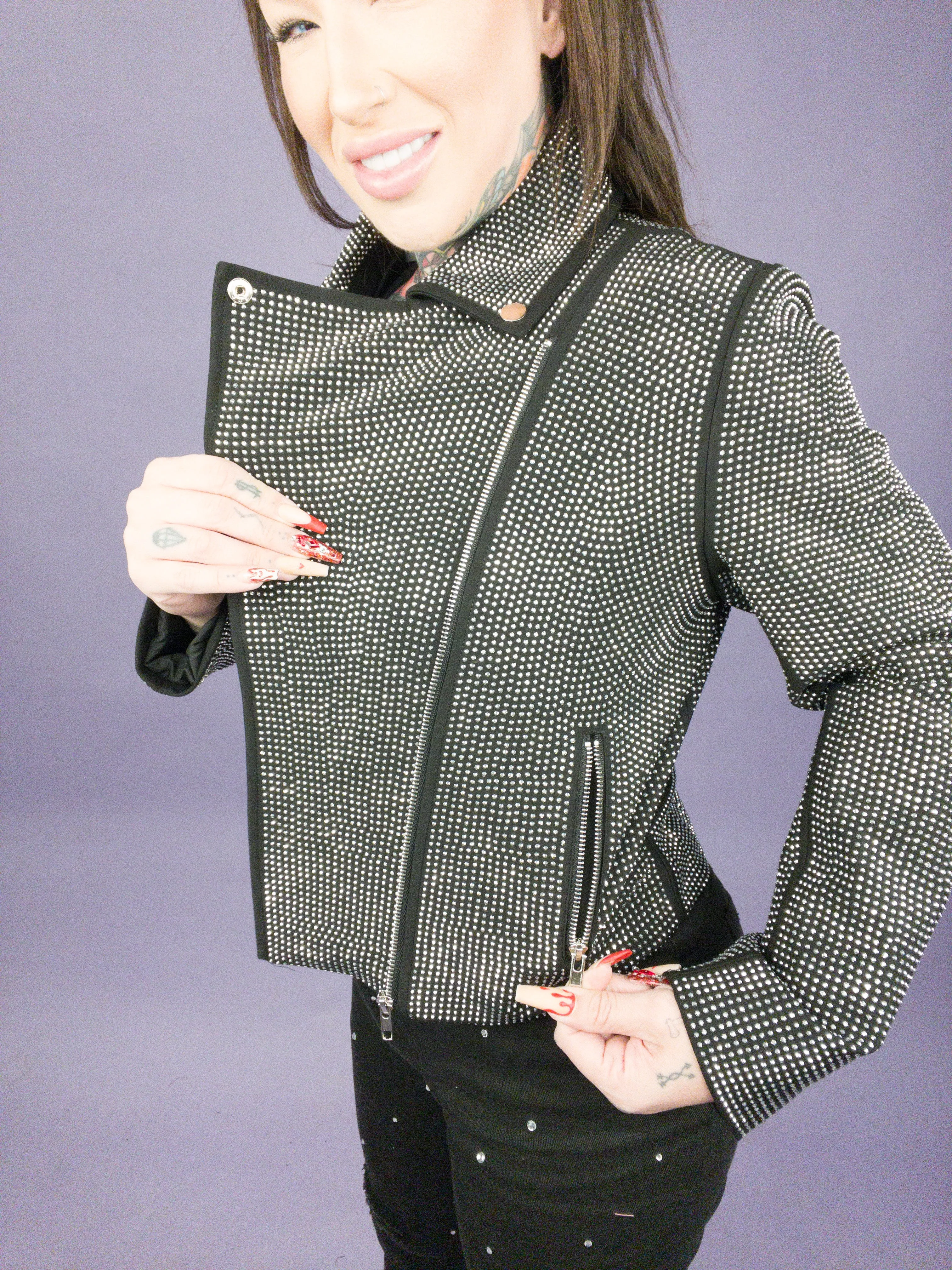 Blue B - Crystal Studded Stretch Zip Up Moto Jacket (Multiple Colors)