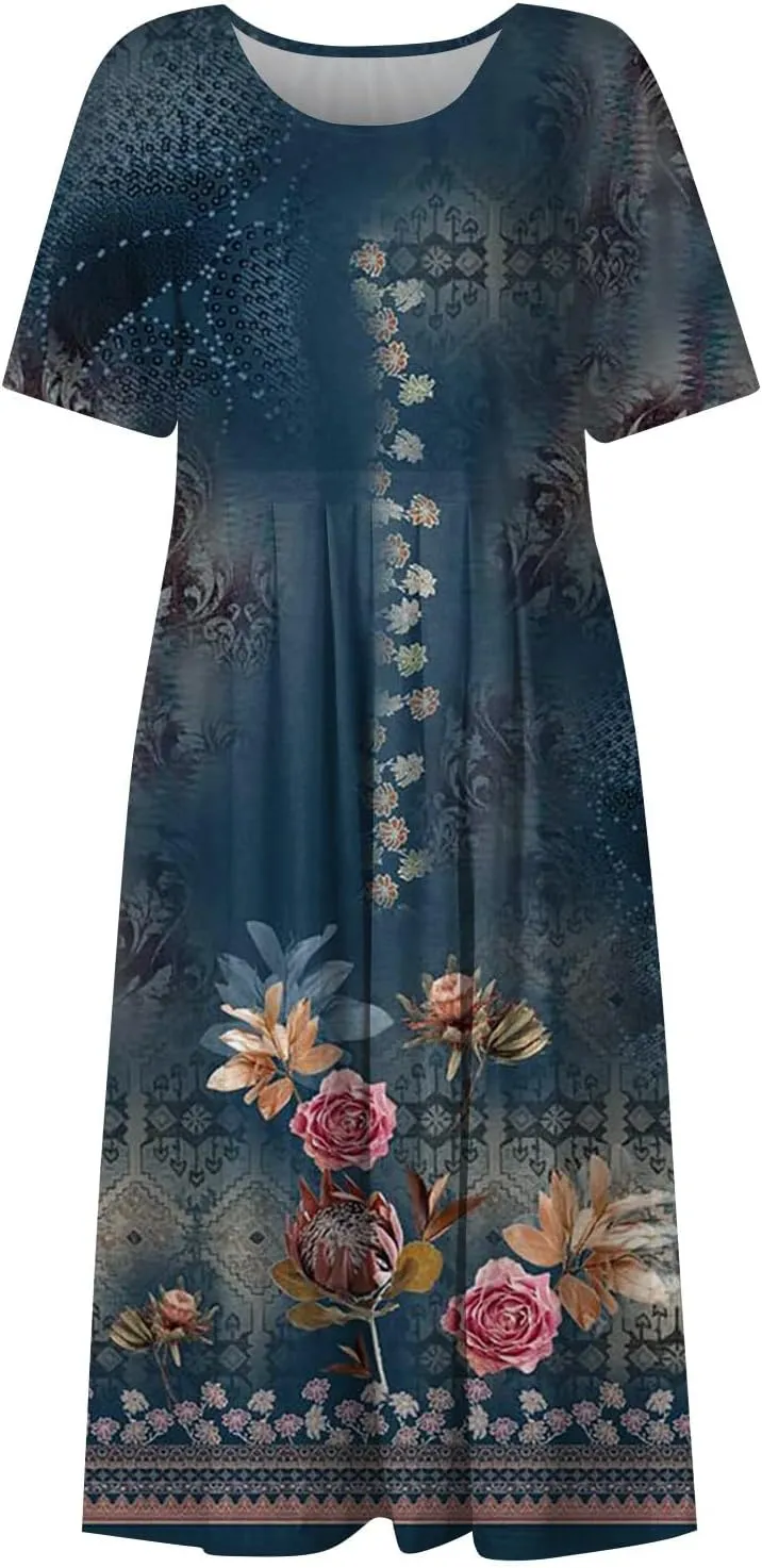 Bohemian Summer Midi Cover Up Women Short Sleeve Prom Graphic Cotton Crewneck Pocket Loose Fit Soft Pullover.