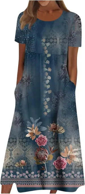 Bohemian Summer Midi Cover Up Women Short Sleeve Prom Graphic Cotton Crewneck Pocket Loose Fit Soft Pullover.