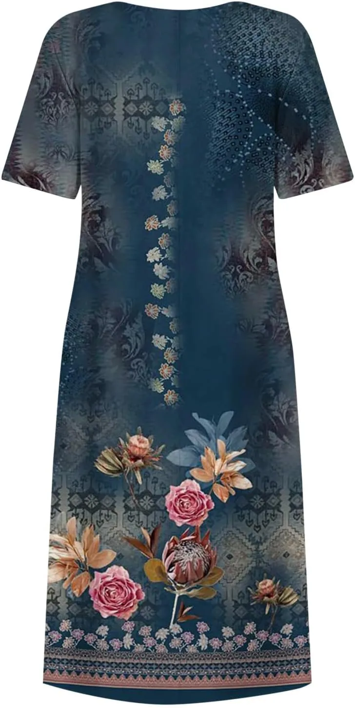 Bohemian Summer Midi Cover Up Women Short Sleeve Prom Graphic Cotton Crewneck Pocket Loose Fit Soft Pullover.