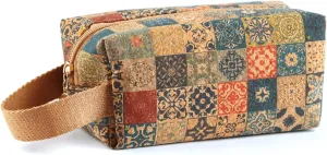 Boho Cork Makeup Bag, Vintage Floral Art Pouch, Patchwork Pattern, 7.5 x 3.5 x 3.5 Inches, Bohemian Cosmetic Pouch, Hippie Travel Organizer, Boho Pencil Pouch