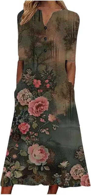 Boho Floral Dress for Women's Short Sleeve Button V Neck Dresses Vintage Casual Maxi Sundress Summer Beach Sundresses