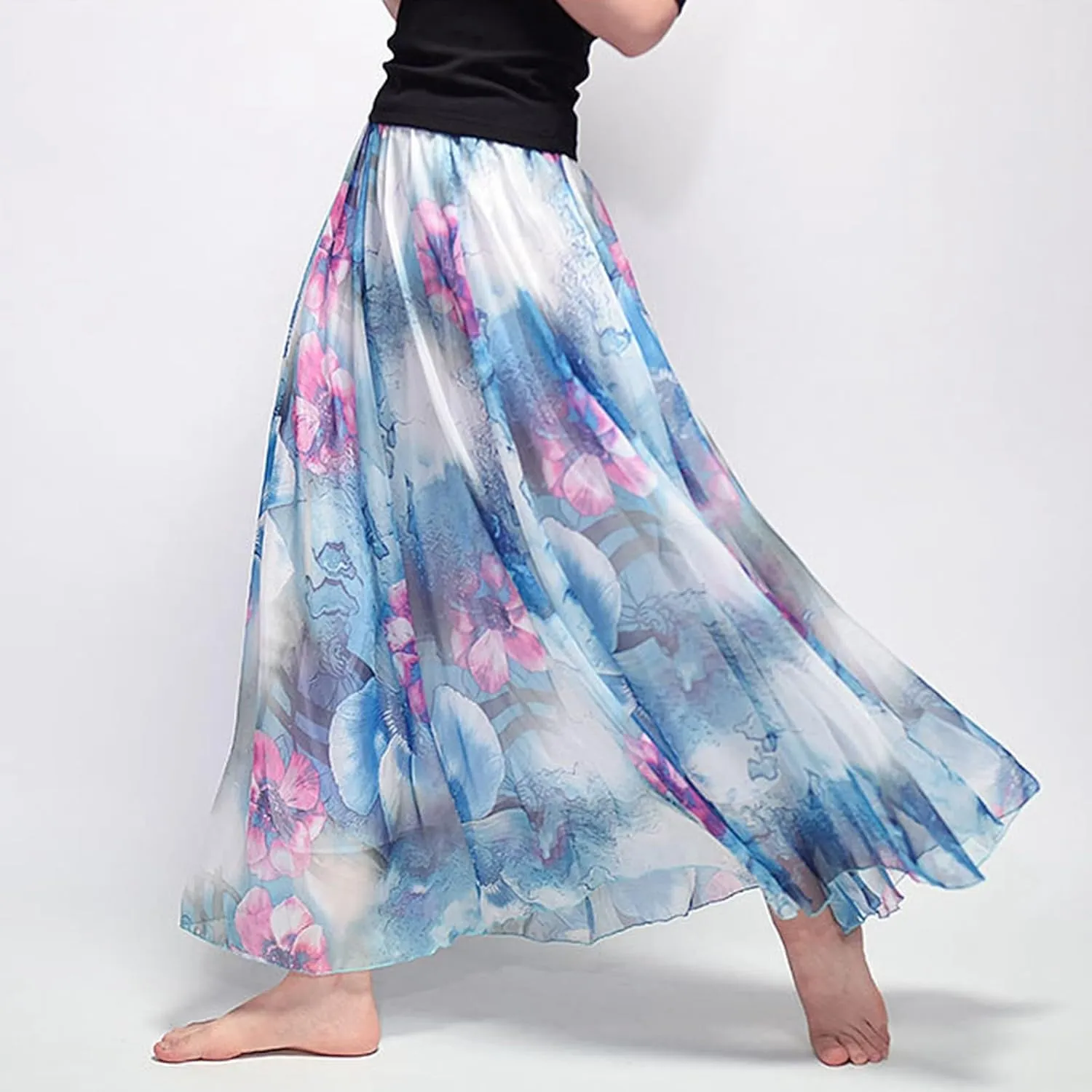 Boho Long Skirts for Women Summer Chiffon Floral Maxi Skirt Flowy High Waist A Line Pleated Skirts Cute Bohemian Beach Dress