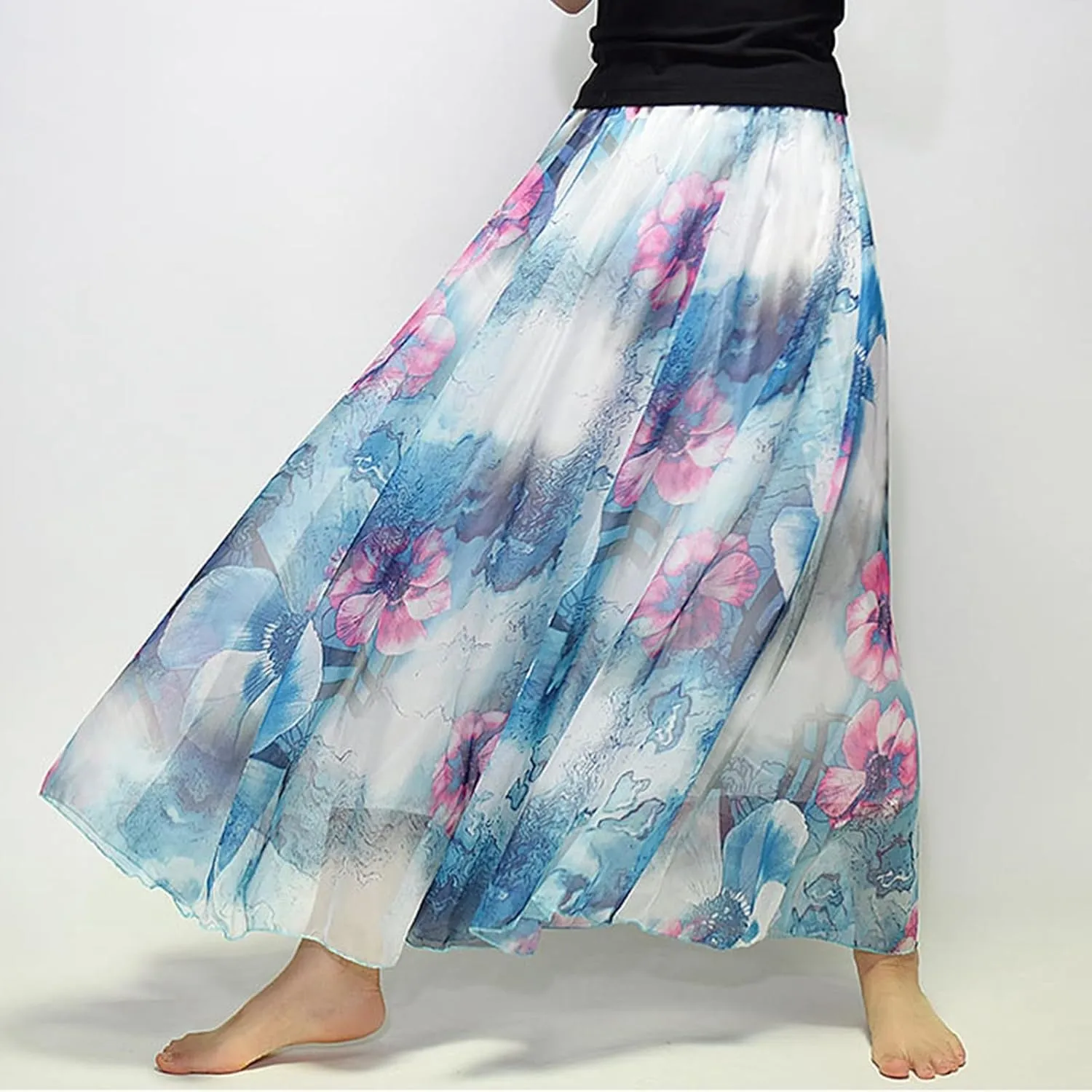 Boho Long Skirts for Women Summer Chiffon Floral Maxi Skirt Flowy High Waist A Line Pleated Skirts Cute Bohemian Beach Dress