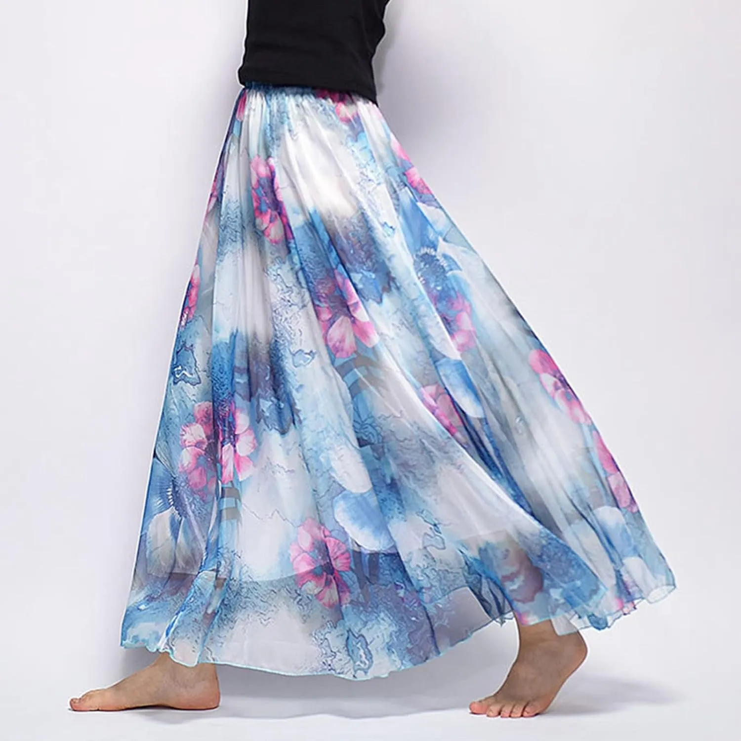 Boho Long Skirts for Women Summer Chiffon Floral Maxi Skirt Flowy High Waist A Line Pleated Skirts Cute Bohemian Beach Dress