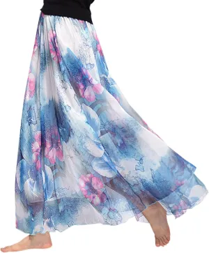 Boho Long Skirts for Women Summer Chiffon Floral Maxi Skirt Flowy High Waist A Line Pleated Skirts Cute Bohemian Beach Dress