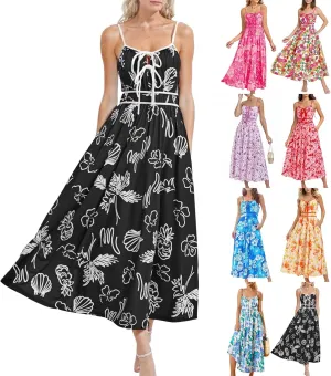 Boho Maxi Dresses for Women 2025 Summer Casual Floral Bohemian Dress Sleeveless Spaghetti Strap Long Beach Sundresses
