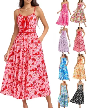 Boho Maxi Dresses for Women 2025 Summer Casual Floral Bohemian Dress Sleeveless Spaghetti Strap Long Beach Sundresses