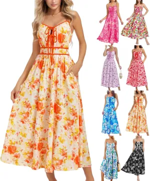 Boho Maxi Dresses for Women 2025 Summer Casual Floral Bohemian Dress Sleeveless Spaghetti Strap Long Beach Sundresses