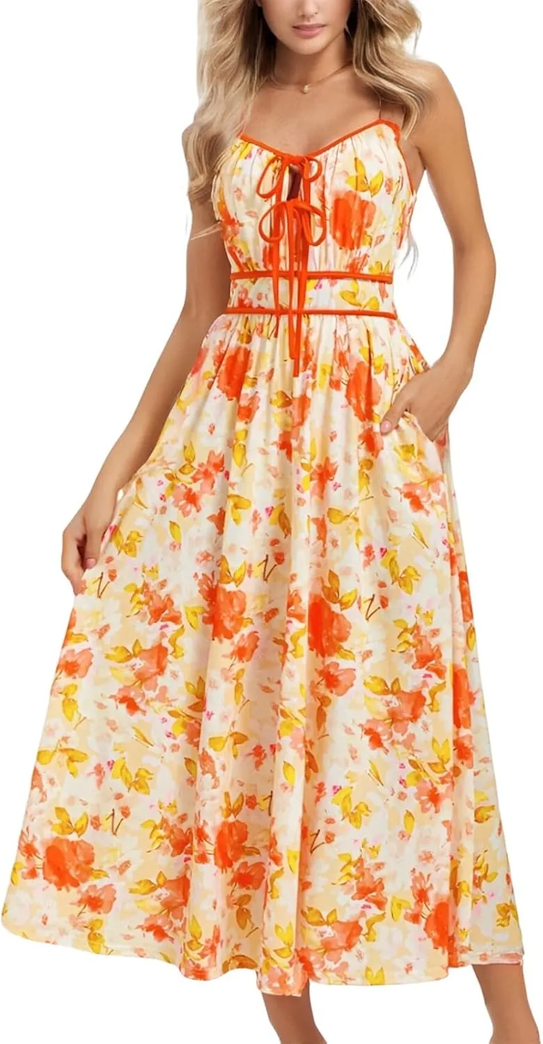 Boho Maxi Dresses for Women 2025 Summer Casual Floral Bohemian Dress Sleeveless Spaghetti Strap Long Beach Sundresses