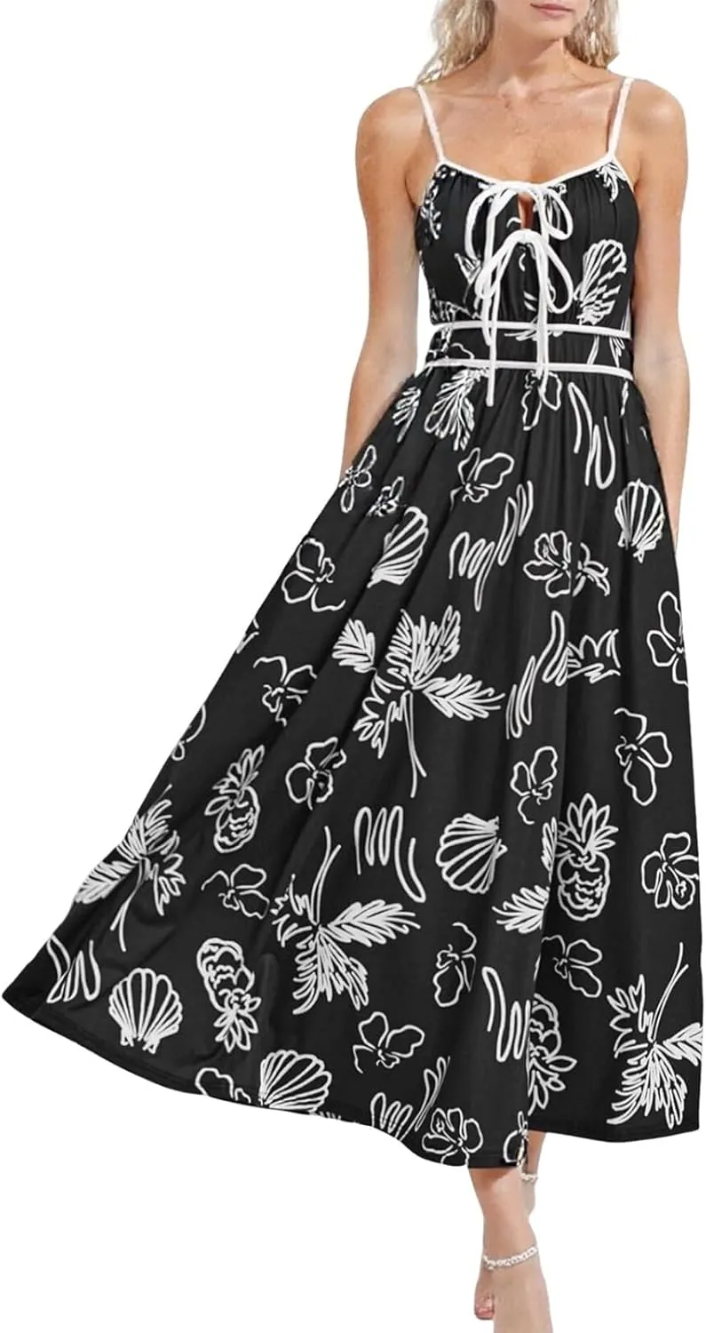 Boho Maxi Dresses for Women 2025 Summer Casual Floral Bohemian Dress Sleeveless Spaghetti Strap Long Beach Sundresses