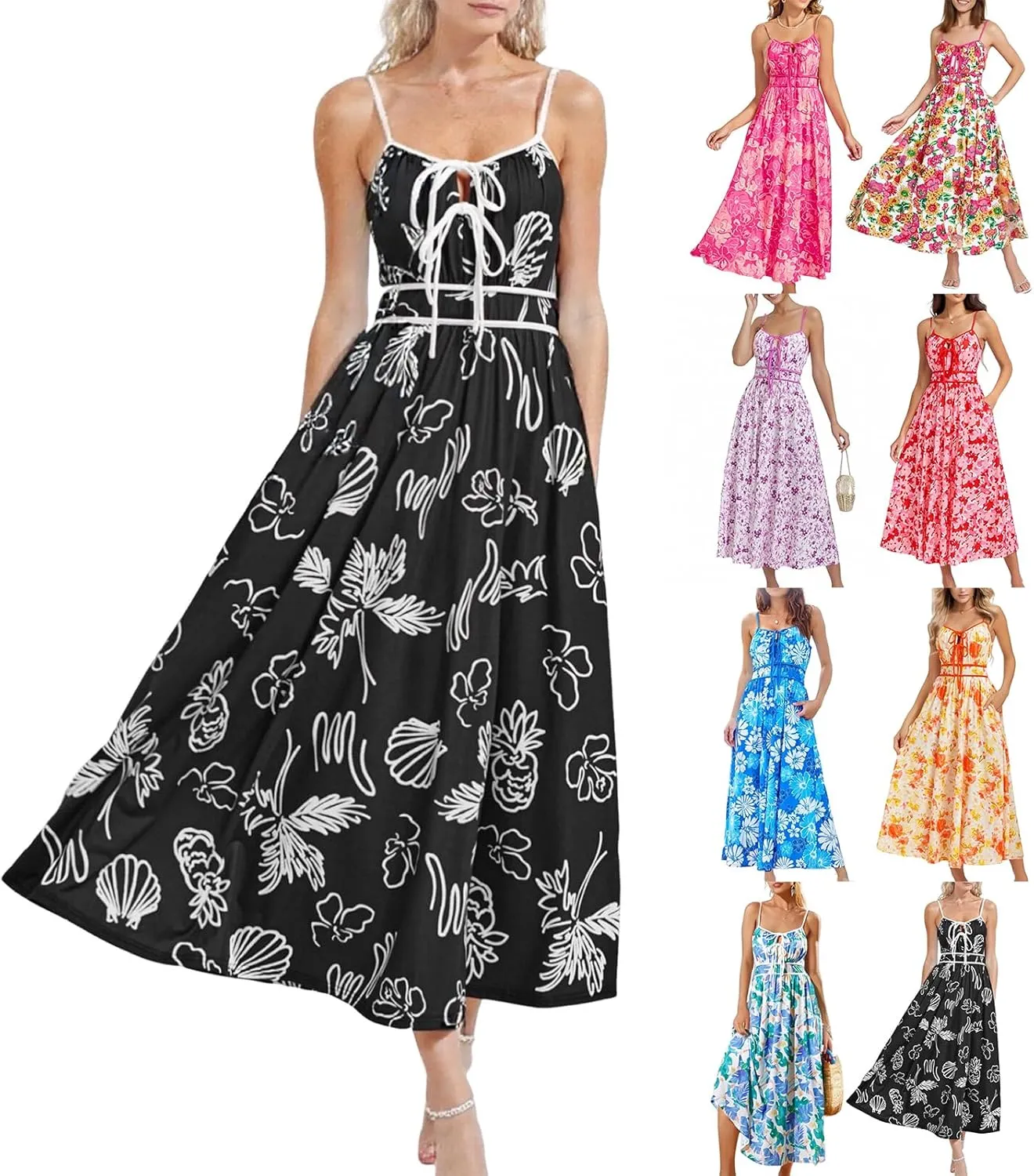 Boho Maxi Dresses for Women 2025 Summer Casual Floral Bohemian Dress Sleeveless Spaghetti Strap Long Beach Sundresses