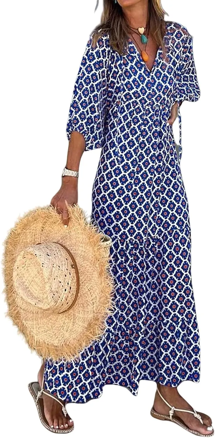 Boho Maxi Dresses for Women Casual Floarl V Neck Puff Short Sleeve Dress Summer Loose Color Block Beach Sundress