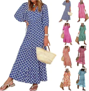Boho Maxi Dresses for Women Casual Floarl V Neck Puff Short Sleeve Dress Summer Loose Color Block Beach Sundress