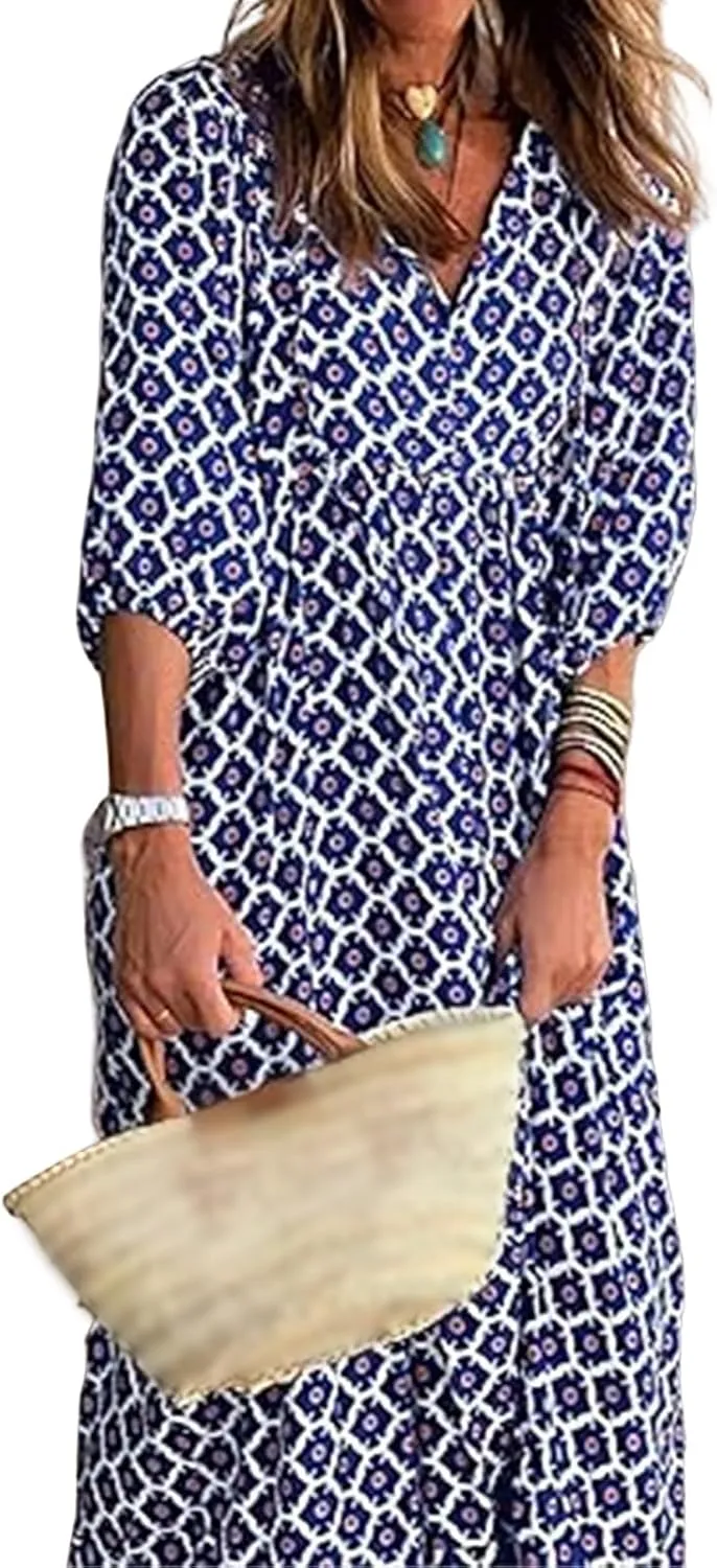 Boho Maxi Dresses for Women Casual Floarl V Neck Puff Short Sleeve Dress Summer Loose Color Block Beach Sundress