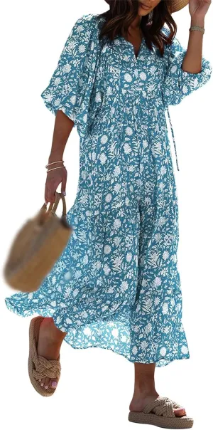 Boho Maxi Dresses for Women Fashion Floral V Neck Puff Half Sleeve Sundress Flowy Smocked Vacation Beach Long Dress
