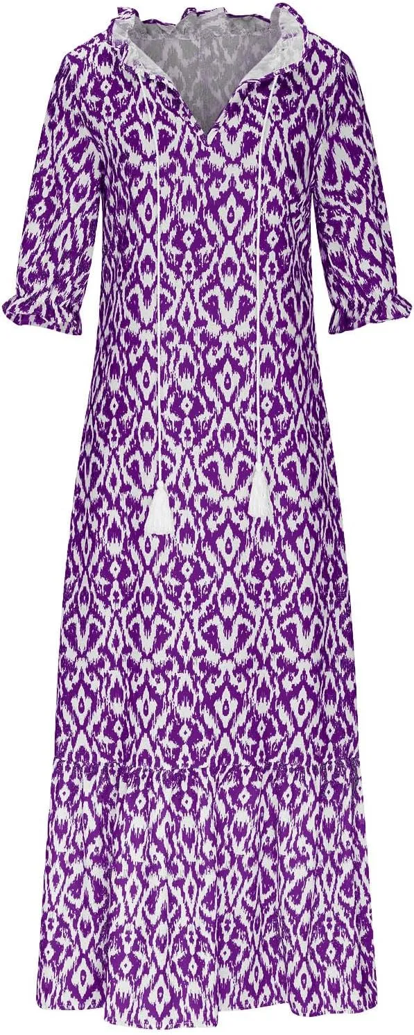 Boho Maxi Dresses for Women Summer Fashion Print V Neck Short Sleeve Flowy Dress Long Beach Dress Casual Sundress