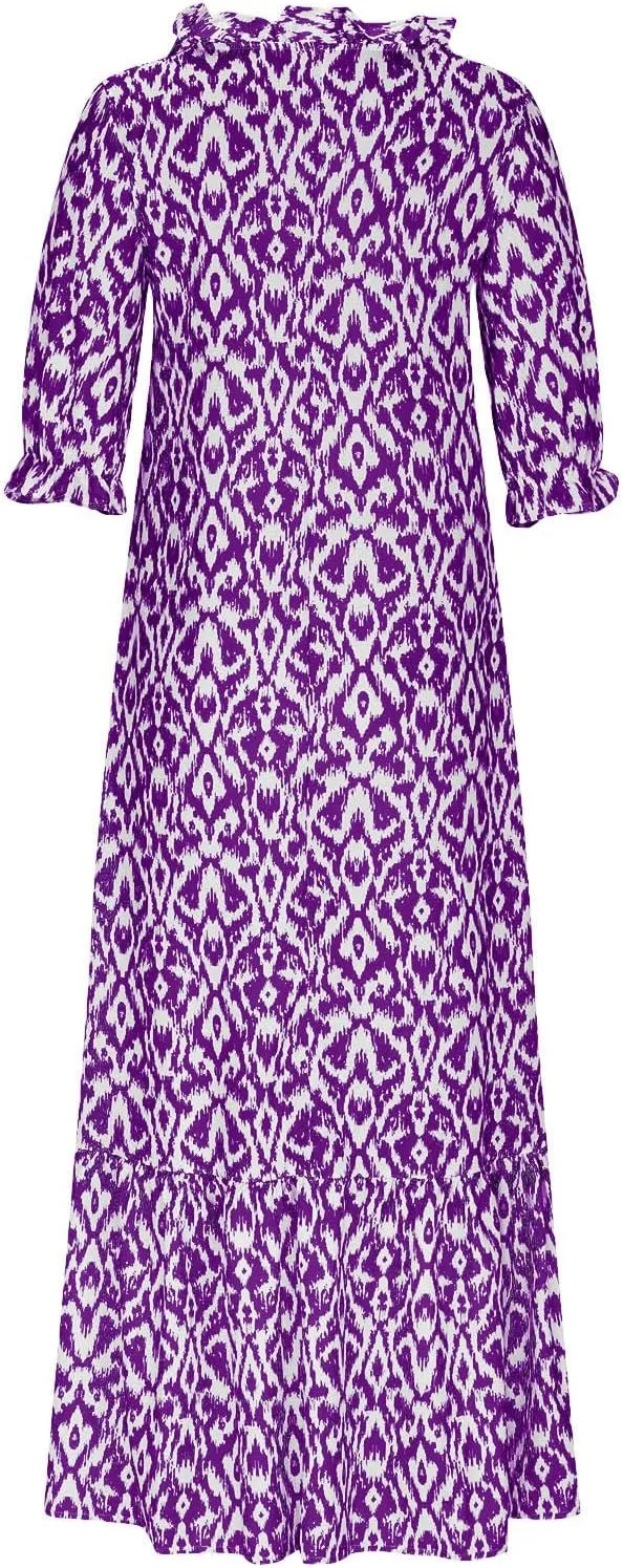 Boho Maxi Dresses for Women Summer Fashion Print V Neck Short Sleeve Flowy Dress Long Beach Dress Casual Sundress