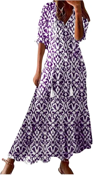 Boho Maxi Dresses for Women Summer Fashion Print V Neck Short Sleeve Flowy Dress Long Beach Dress Casual Sundress