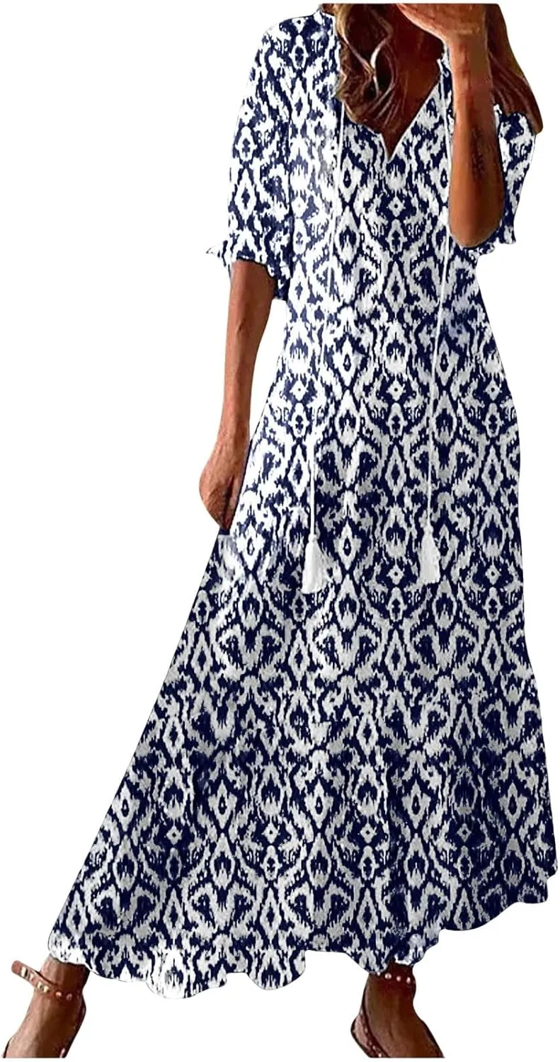 Boho Maxi Dresses for Women Summer Fashion Print V Neck Short Sleeve Flowy Dress Long Beach Dress Casual Sundress