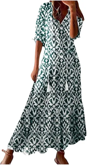 Boho Maxi Dresses for Women Summer Fashion Print V Neck Short Sleeve Flowy Dress Long Beach Dress Casual Sundress