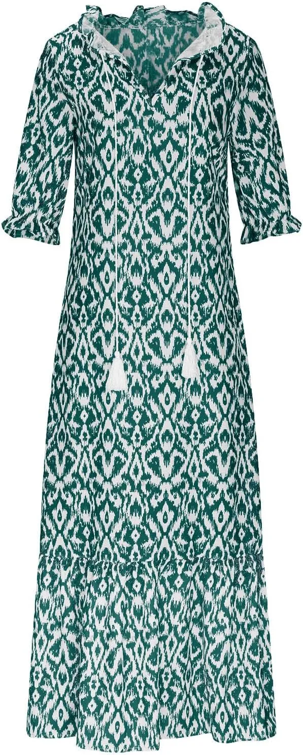 Boho Maxi Dresses for Women Summer Fashion Print V Neck Short Sleeve Flowy Dress Long Beach Dress Casual Sundress