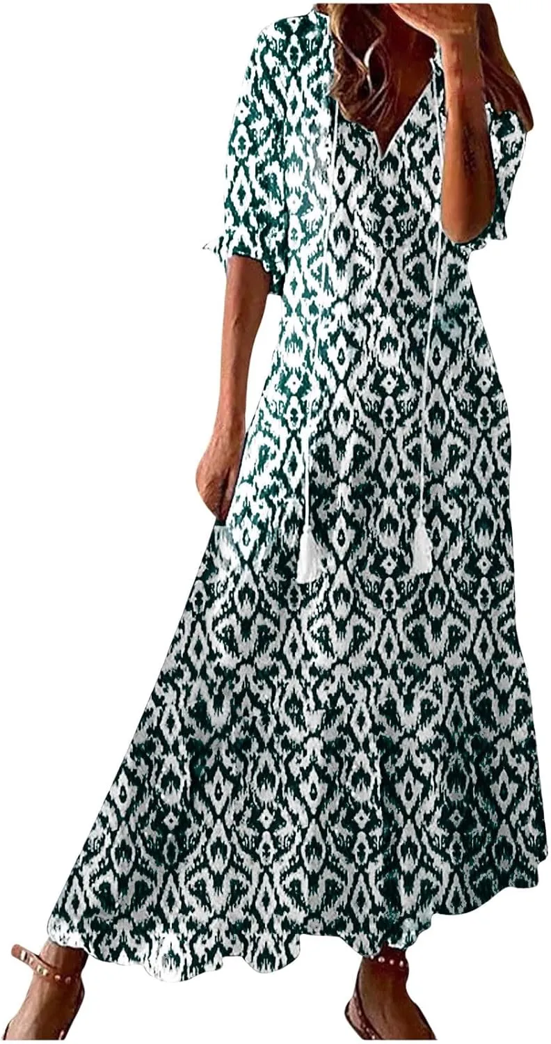 Boho Maxi Dresses for Women Summer Fashion Print V Neck Short Sleeve Flowy Dress Long Beach Dress Casual Sundress