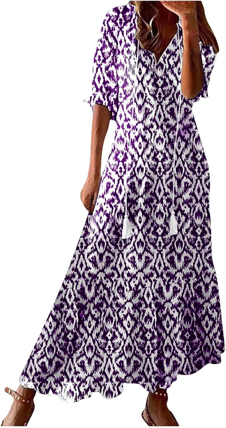 Boho Maxi Dresses for Women Summer Fashion Print V Neck Short Sleeve Flowy Dress Long Beach Dress Casual Sundress