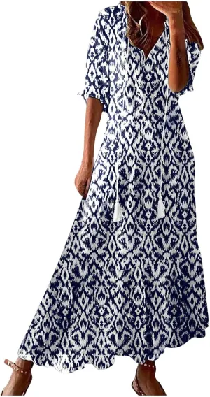Boho Maxi Dresses for Women Summer Fashion Print V Neck Short Sleeve Flowy Dress Long Beach Dress Casual Sundress