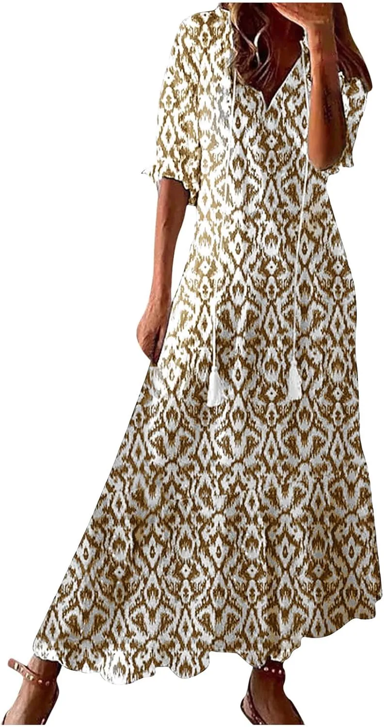 Boho Maxi Dresses for Women Summer Fashion Print V Neck Short Sleeve Flowy Dress Long Beach Dress Casual Sundress