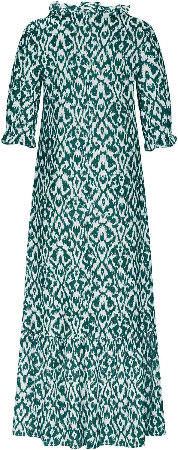 Boho Maxi Dresses for Women Summer Fashion Print V Neck Short Sleeve Flowy Dress Long Beach Dress Casual Sundress