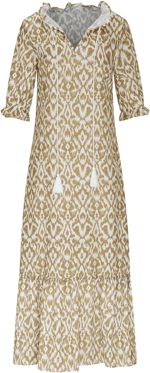 Boho Maxi Dresses for Women Summer Fashion Print V Neck Short Sleeve Flowy Dress Long Beach Dress Casual Sundress