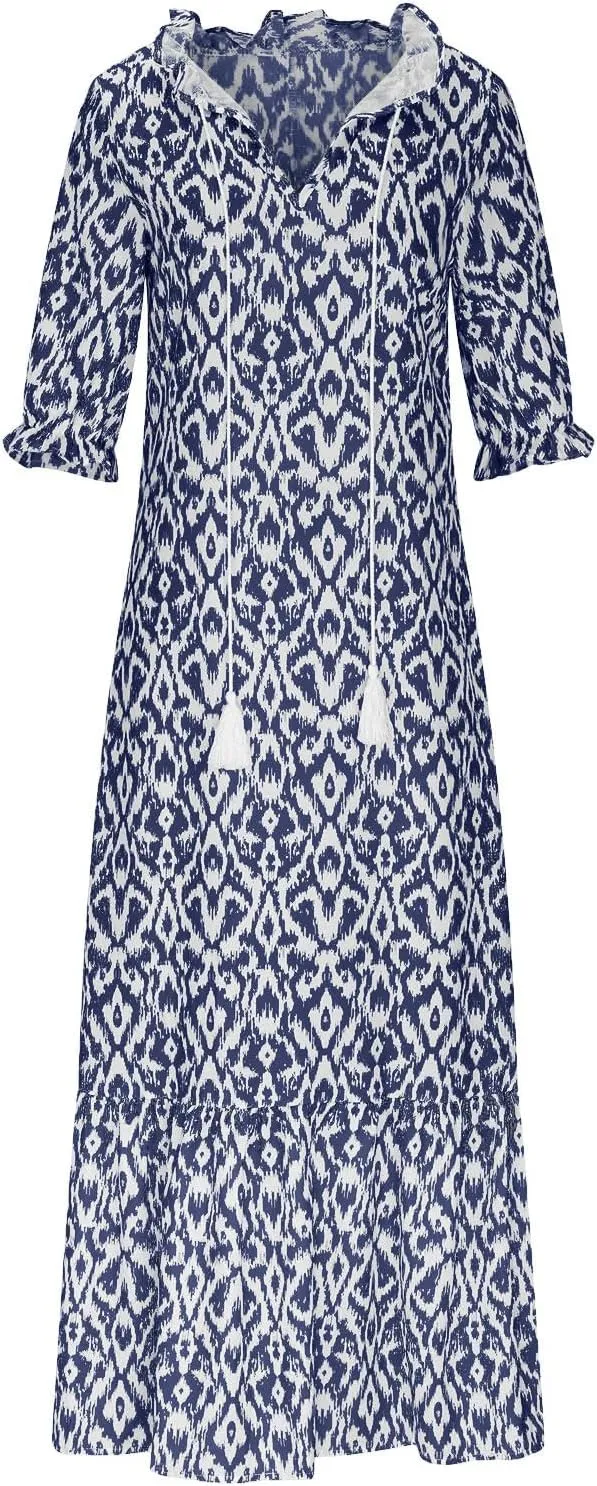 Boho Maxi Dresses for Women Summer Fashion Print V Neck Short Sleeve Flowy Dress Long Beach Dress Casual Sundress